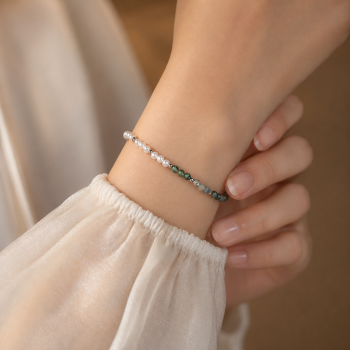 Pulsera Ágata Verde y Perlas Plata