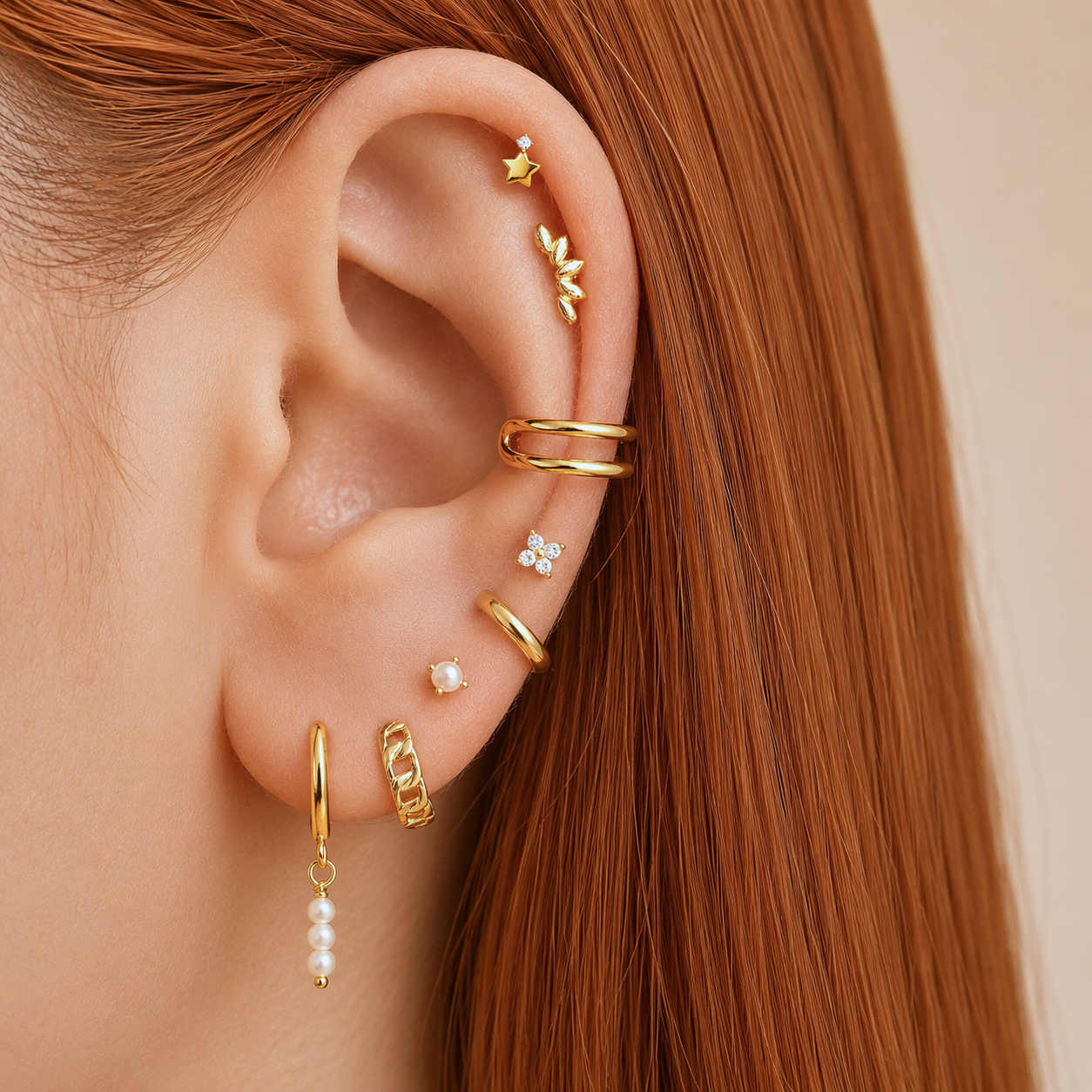 Aros Triple Perla Oro