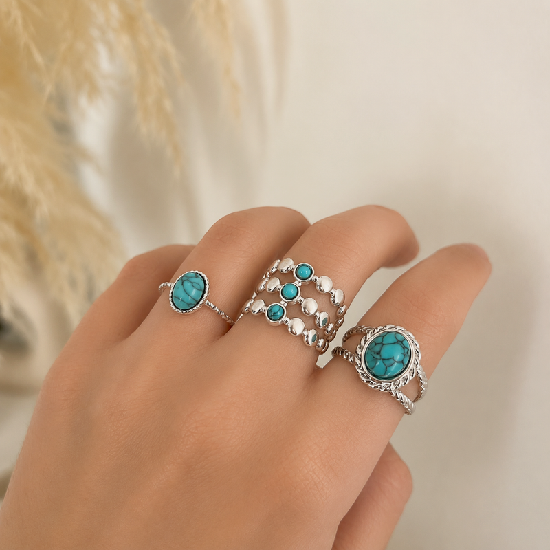 Anillo Triple Bolitas Turquesa Plata