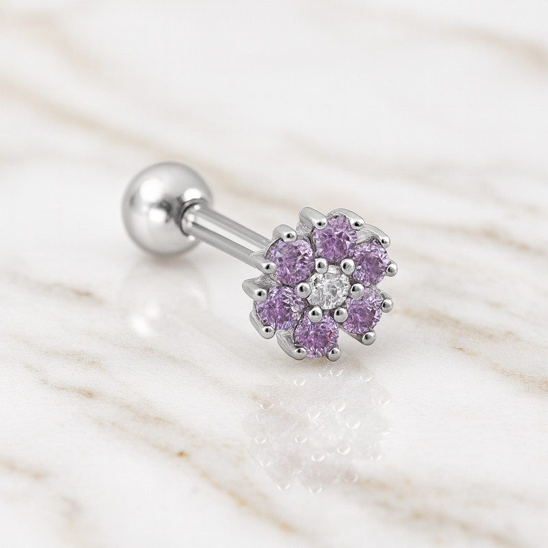 Pendiente Flor Anémona Lila Plata