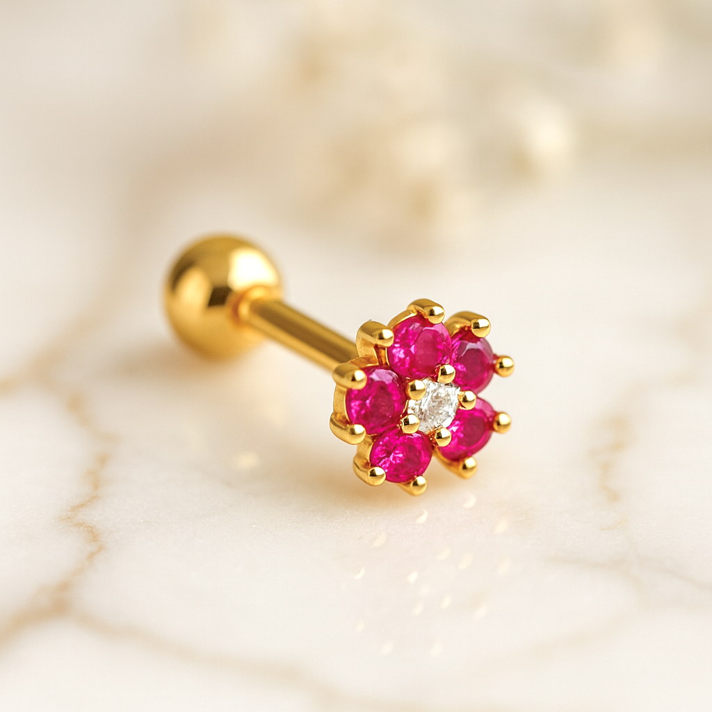 Pendiente Flor Anémona Rosa Oro