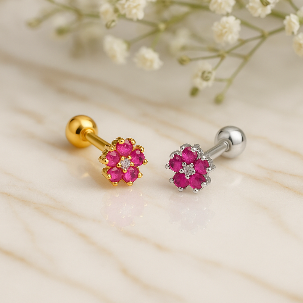 Pendiente Flor Anémona Rosa Plata