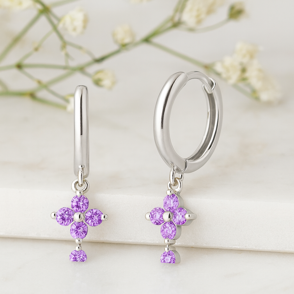 Aros Flor Lila Plata