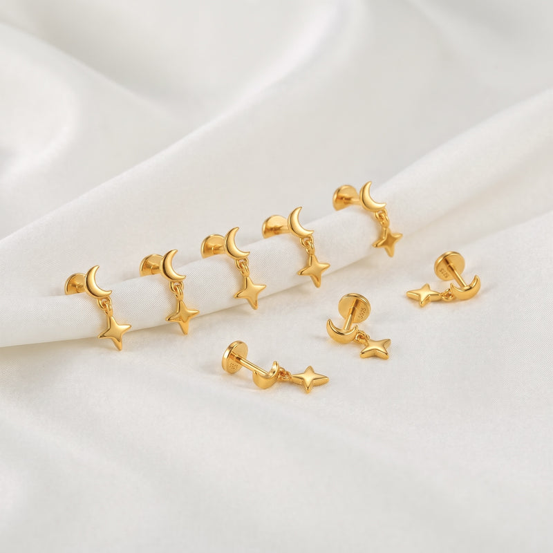 Pendiente Luna y Estrella Oro
