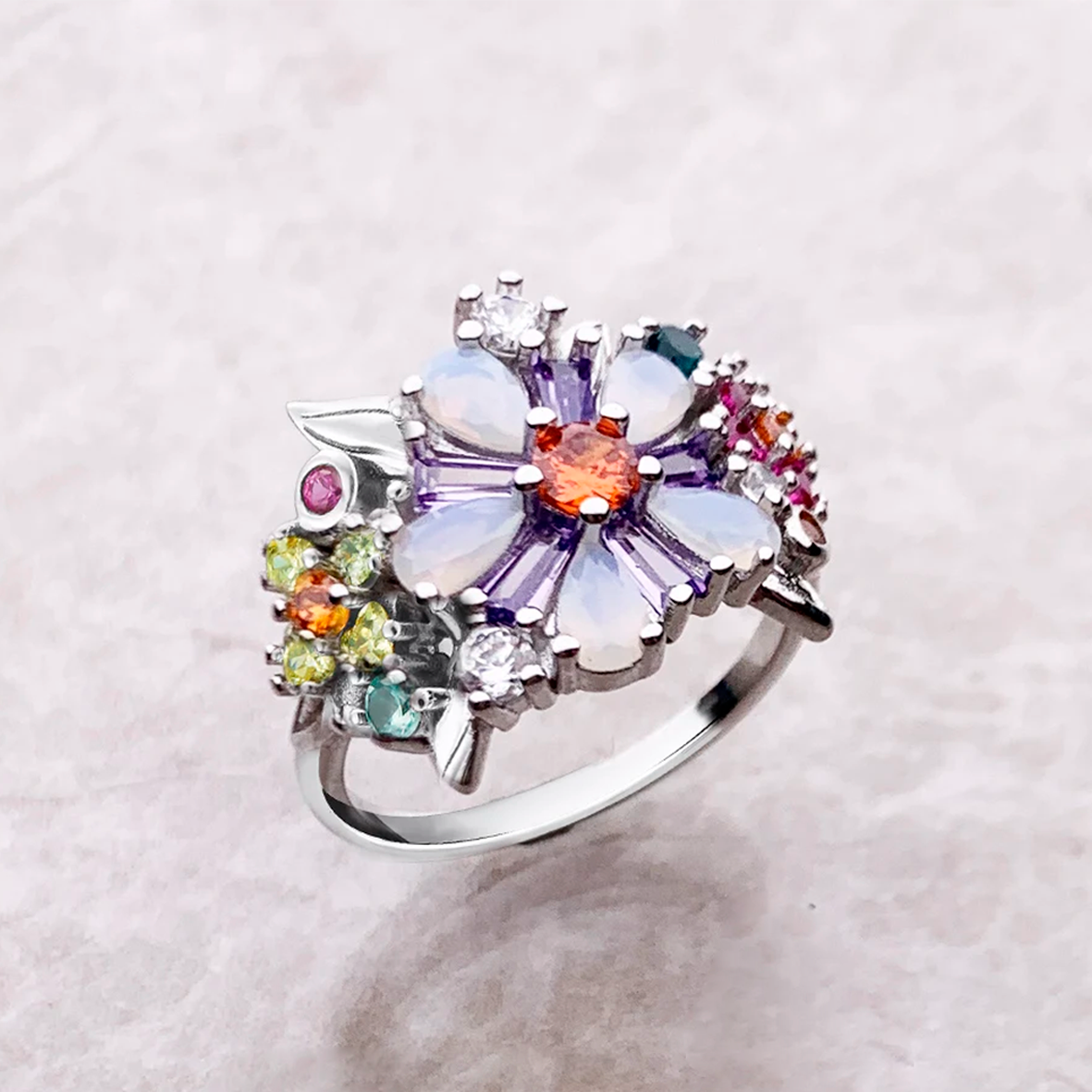 Anillo Flores de Colores Plata