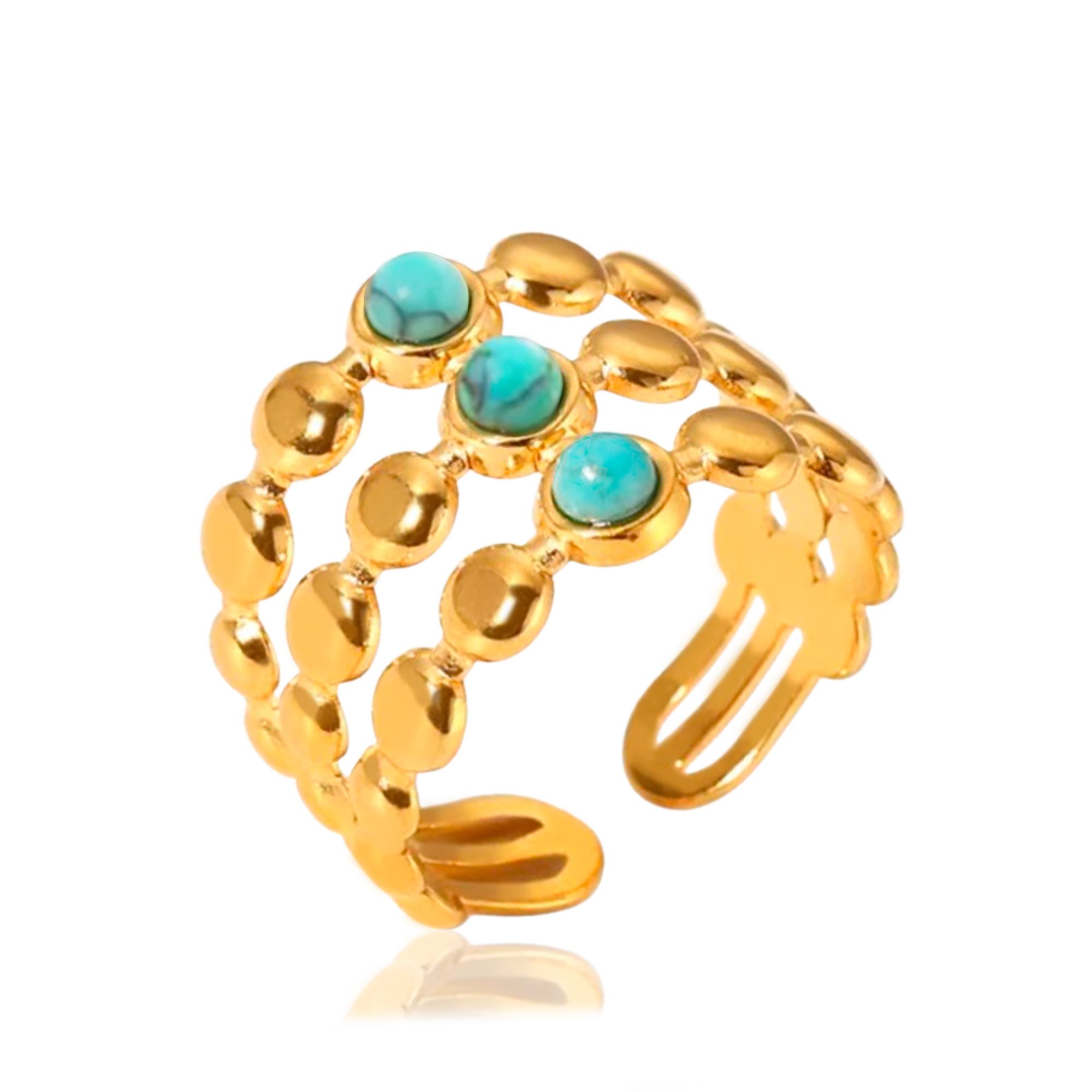Anillo Triple Bolitas Turquesa Oro