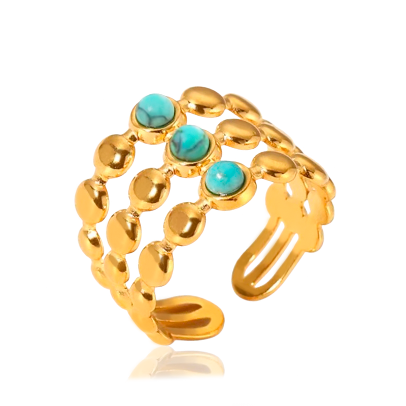 Anillo Triple Bolitas Turquesa Oro