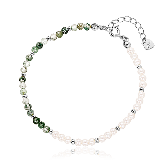 Pulsera Ágata Verde y Perlas Plata