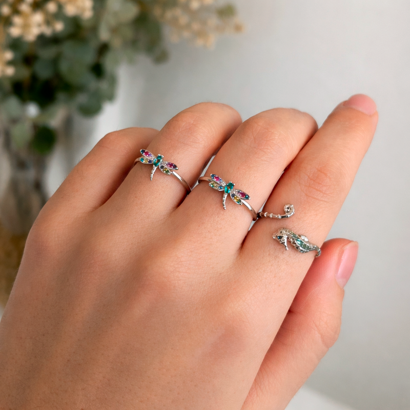 Anillo Colorful Libélula Plata