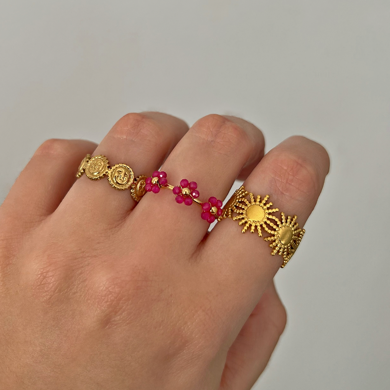 Anillo Triple Flower Fucsia Oro