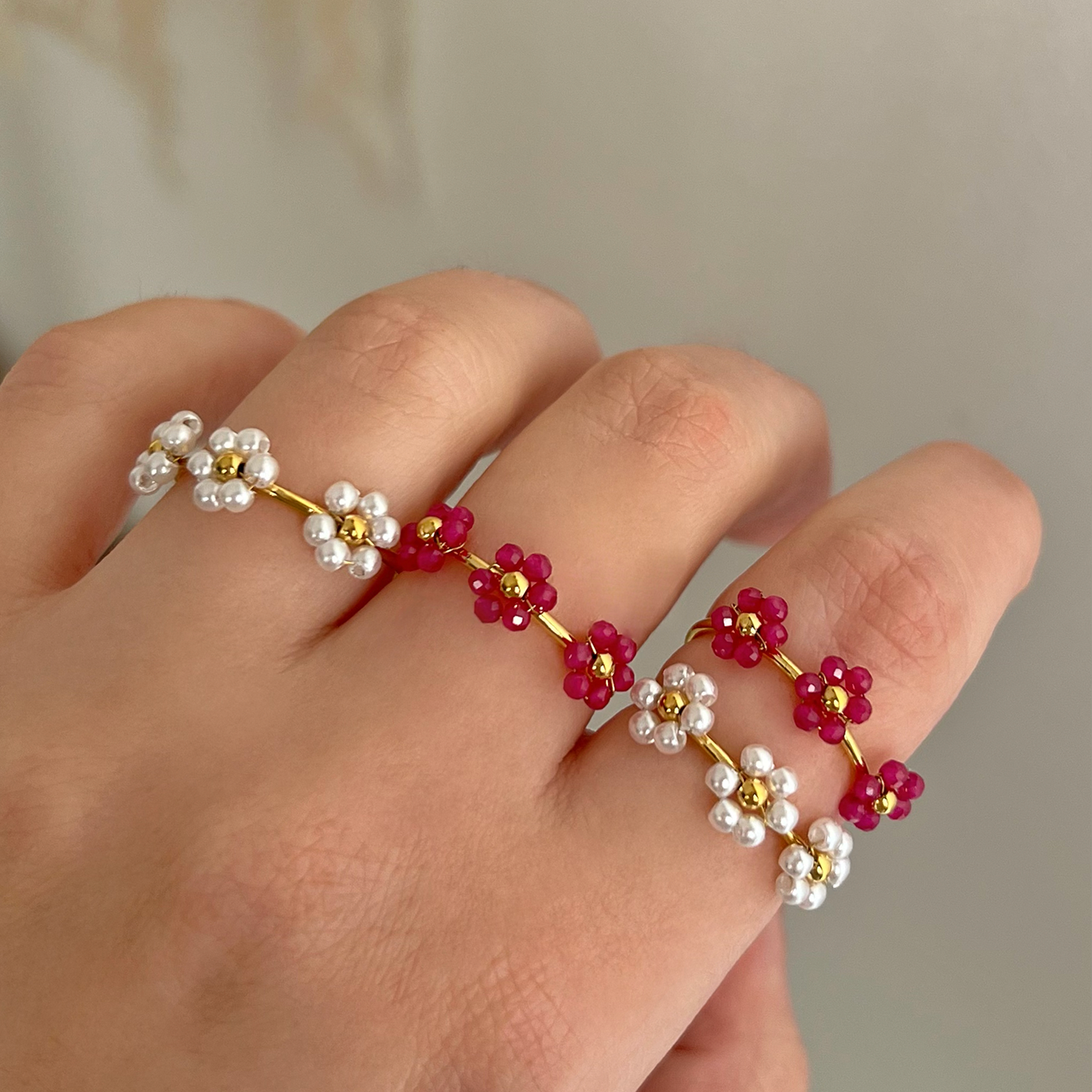 Anillo Triple Flower Perla Oro