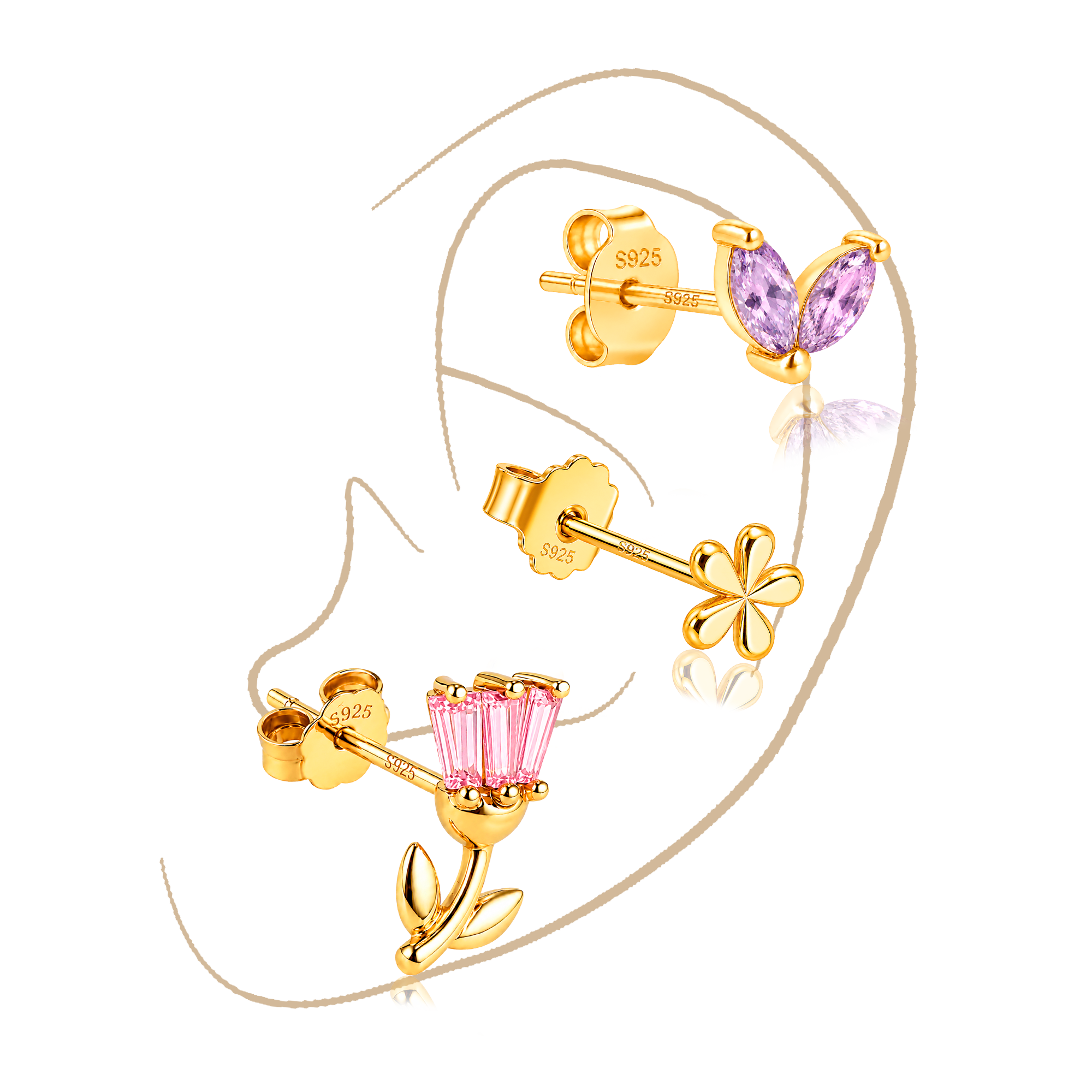 Set Pastel Flowers · Plata de ley bañada en oro 18k