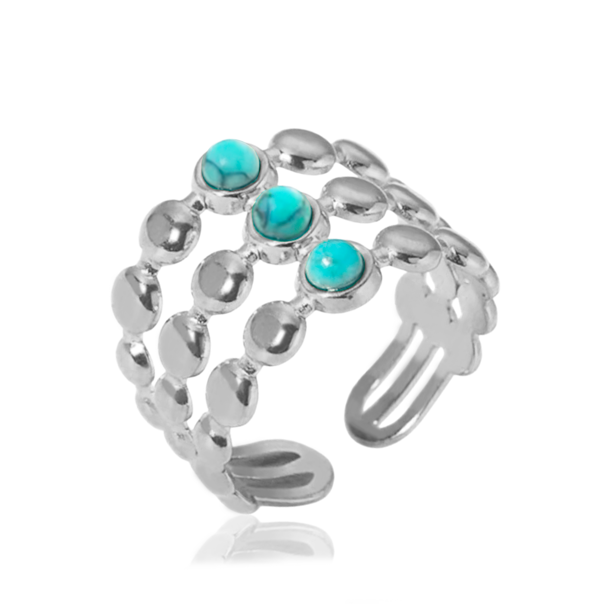 Anillo Triple Bolitas Turquesa Plata