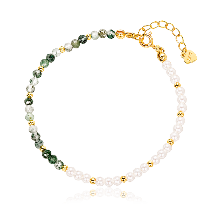 Pulsera Ágata Verde y Perlas Oro