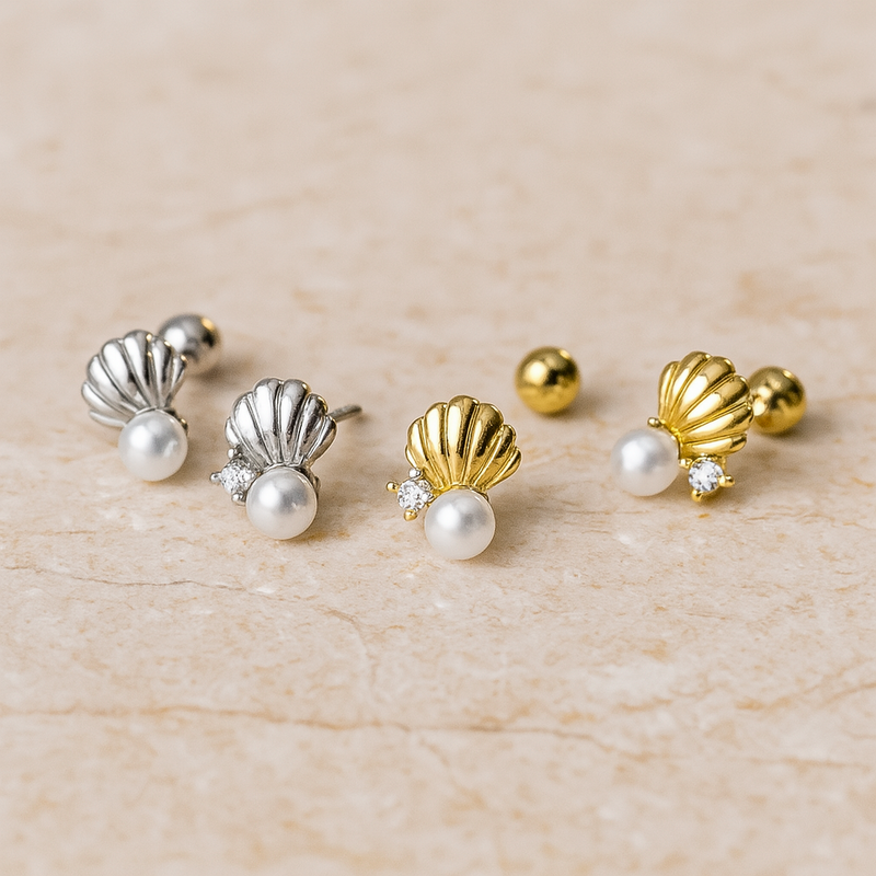 Pendiente Concha y Perlita Plata