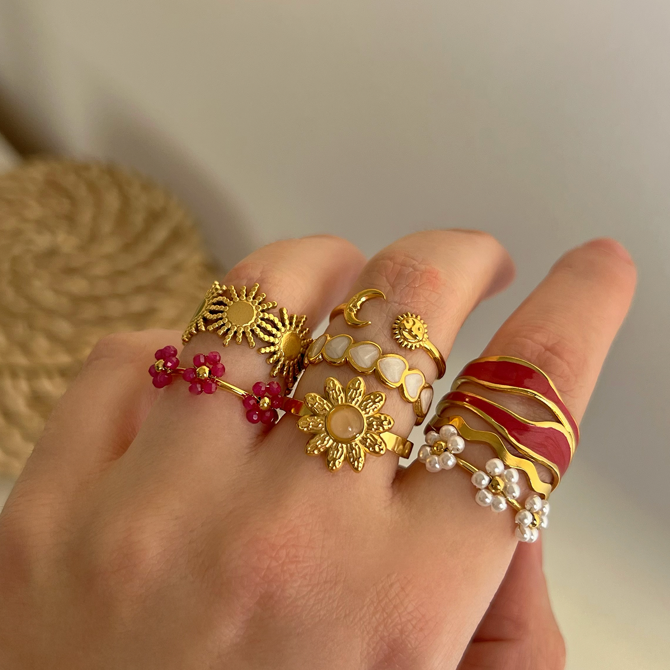 Anillo Triple Flower Fucsia Oro